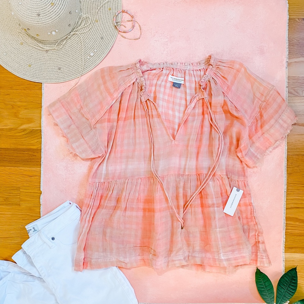 Anthropologie Pink Peach Plaid Top